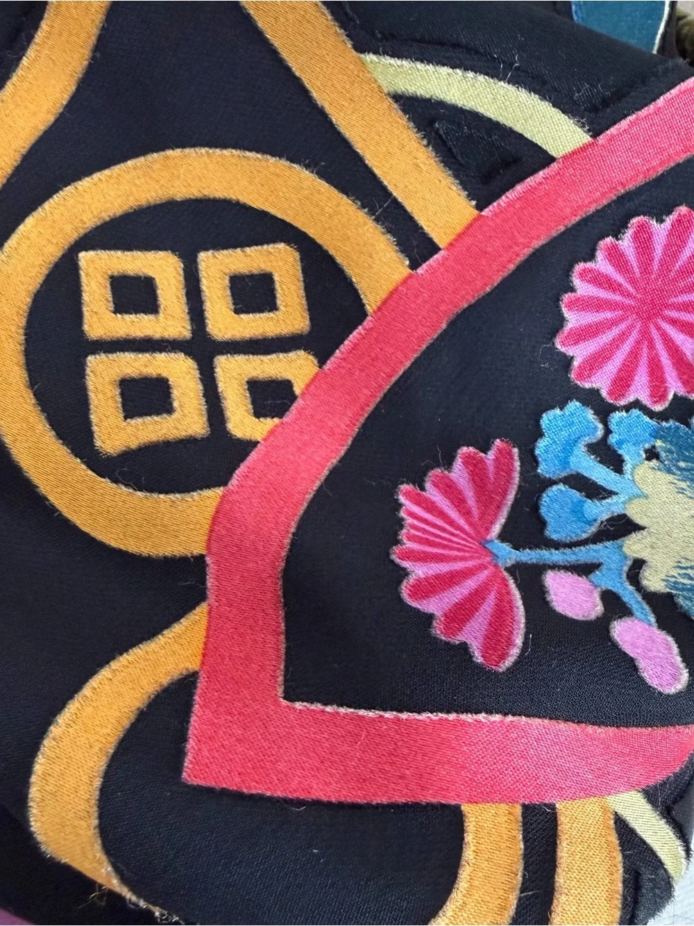 CHICOS Reversible Silk Rayon Scarf Wrap Black Floral Fan Print 13.5”x68”